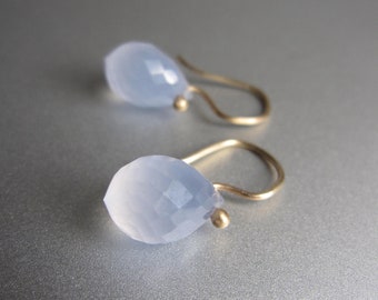 Tiny Blue Chalcedony Drops, Light Blue Earrings, Solid 14k Gold Earrings