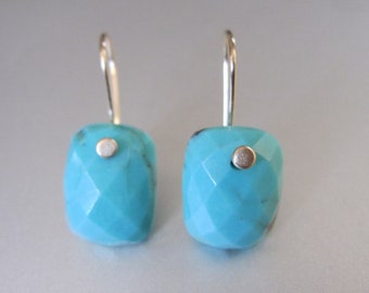 Faceted Blue Turquoise Cushion Drops Solid 14k Gold Earrings