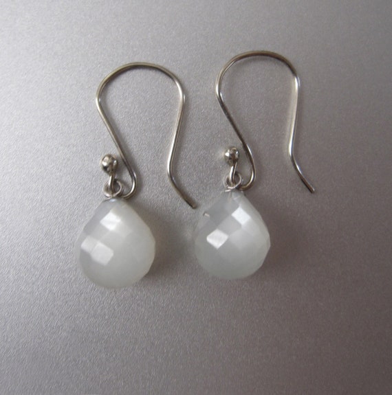 Small Fat Faceted White Moonstone Drops Solid 14k White Gold Earrings