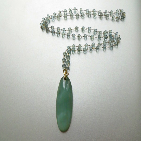 Aquamarine and Nephrite Jade Solid 14k Gold Necklace