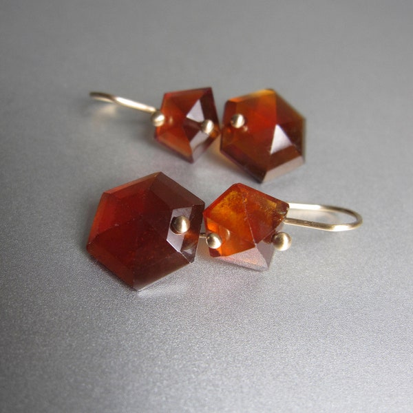 Hessonite Garnet Mismatched Double Drops, Solid 14k Gold Earrings