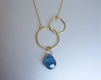 Double Circle Link Sapphire Drop Solid 18k Gold Necklace