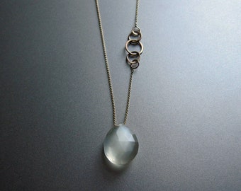 White Ceylon Moonstone Drop, Handmade Chain Accent, Solid 14k Gold Necklace