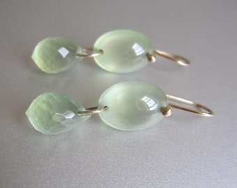 Prehnite Double Drops, Light Green Earrings, Solid 14k Gold Earrings