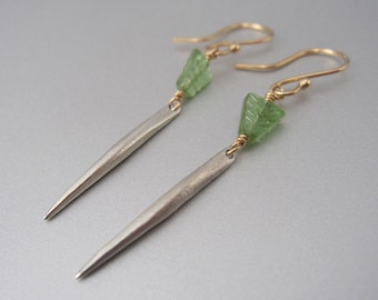 Green Tourmaline and Solid Gold and Silver Spike Mixed Metal Earrings