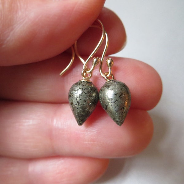 Agatized Pyrite Inverted Drops Solid 14k Gold Earrings