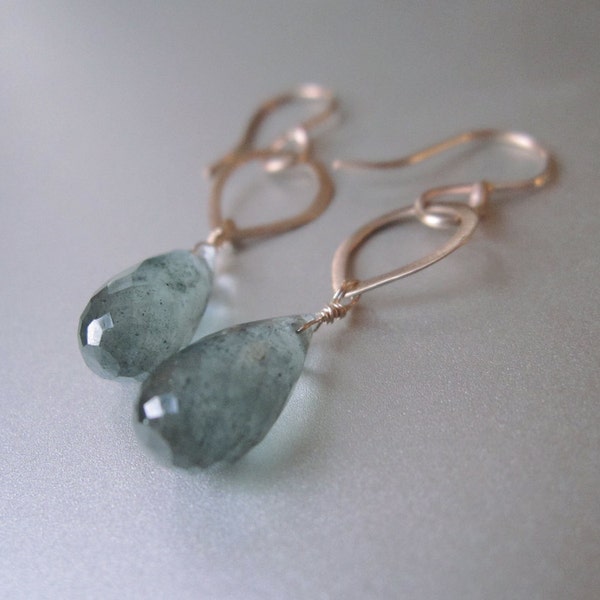 Moss Aquamarine Drops Hammered Link Solid 14k Gold Earrings