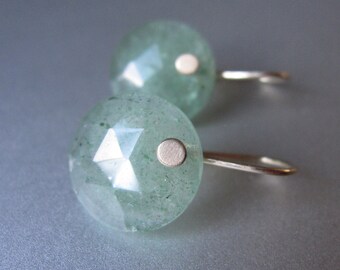 Aventurine Small Rose Cut Buttons Solid 14k Gold Earrings