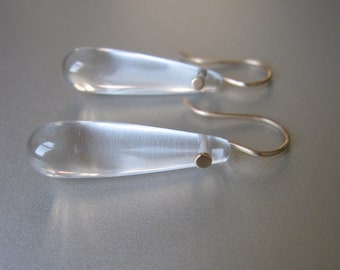 Long Clear Quartz Rounded Drops, Solid 14k Gold Earrings