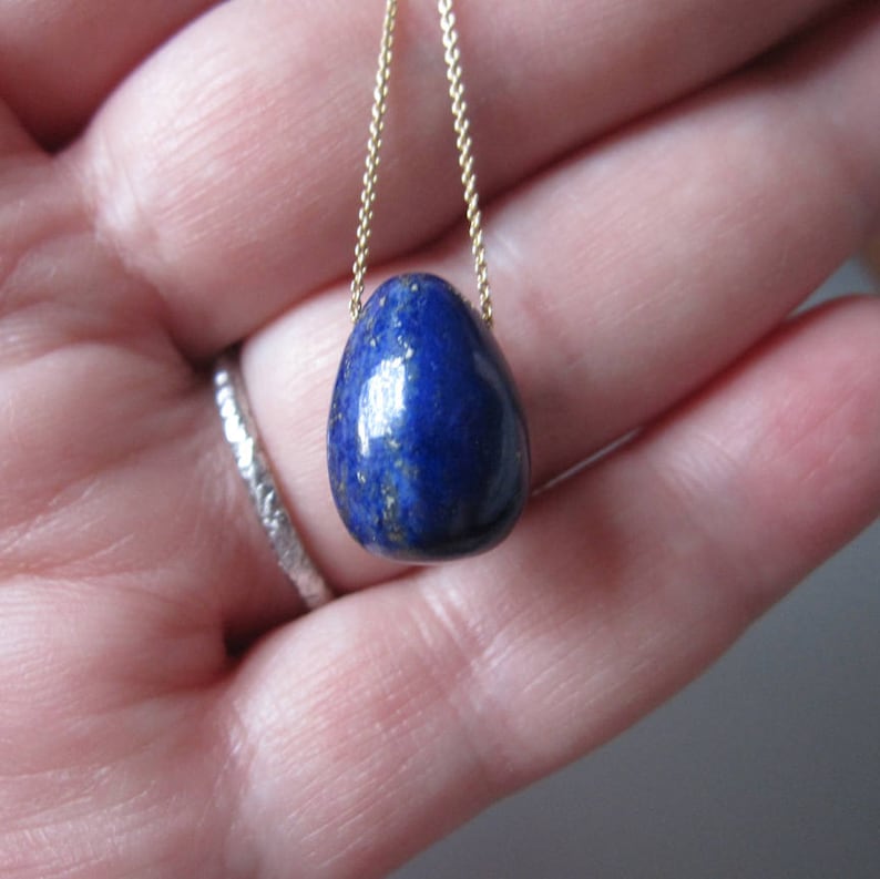 Solitaire Stone Jelly Bean Choose Your Stone Choose Your Chain Solid 14k Gold Necklace Bridesmaid Gift Lapis Lazuli