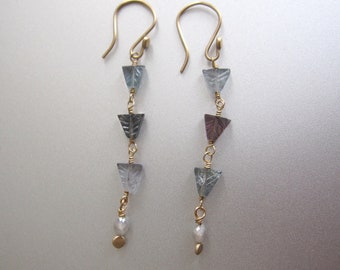 Gray Purple Carved Tourmaline, Genuine Diamond, Solid 14k Gold Long Earrings