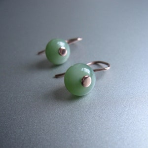 Canadian Jade Button Drops, Green Nephrite Jade,  Solid 14k Rose Gold Earrings