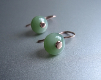 Canadian Jade Button Drops, Green Nephrite Jade,  Solid 14k Rose Gold Earrings