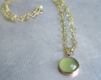 Faceted Green Garnet with Serpentine Cabochon Solid 14k Rose Gold Necklace