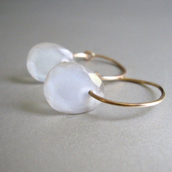 Small Solid 14k Gold Hoops with Gray Moonstone Slices