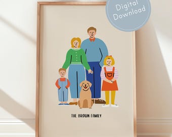 Retrato familiar minimalista digital personalizado, regalo para el Día de la Madre, regalo para mamá, ilustración familiar moderna dibujada a mano, arte para la pared, regalo para la familia.