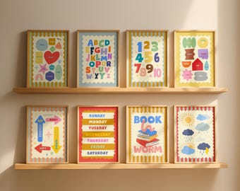 8 Kids Learning Posters Set: Alphabet, Numbers, Shapes, Colors, Directions, Days, Weather & Bookworm – Educational Wall Art, Nursery Decor