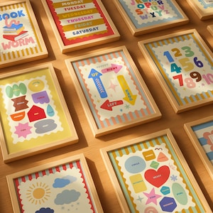 May include: A collection of educational posters in wooden frames. The posters feature colorful illustrations of the alphabet, numbers, days of the week, shapes, colors, and directional arrows. The overall design is playful and suitable for a child's room or classroom.