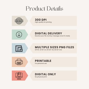 Puede incluir: Infograf&iacute;a titulada "Detalles del producto" sobre un fondo crema. Destaca caracter&iacute;sticas como 300 DPI, entrega digital, m&uacute;ltiples tama&ntilde;os de archivos PNG, imprimible y solo digital. El texto est&aacute; en una fuente serif.