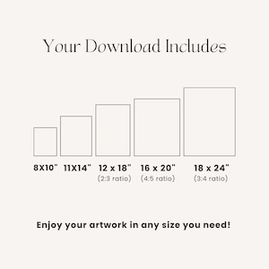 May include: A graphic showing the text "Your Download Includes" above five rectangular shapes representing different print sizes: 8x10", 11x14", 12x18", 16x20", and 18x24". The text "Enjoy your artwork in any size you need!" is at the bottom.