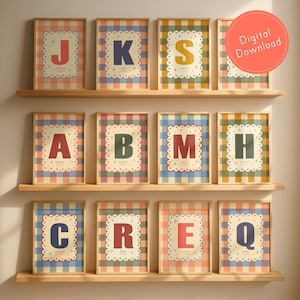 Puede incluir: Conjunto de l&aacute;minas art&iacute;sticas enmarcadas con letras del alfabeto. Cada l&aacute;mina tiene un fondo de cuadros vichy y un borde festoneado. Las letras son de varios colores, con nombres debajo. Las l&aacute;minas se exhiben en estantes de madera.