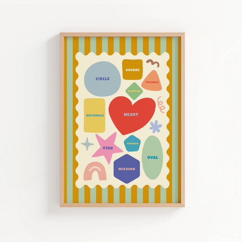 May include: A framed print featuring colorful geometric shapes, including a heart, star, and hexagon, each labeled with its name. The background has a striped pattern in shades of yellow and green.