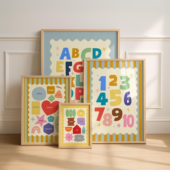 Alphabet, Numbers, Shapes & Colors Poster for Kids, Educational Wall Art, Nursery Playroom and Classroom Decor, Printable Learning Posters