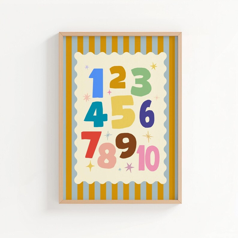 May include: A framed print featuring colorful numbers 1 through 10. The numbers are in various colors, including blue, yellow, green, and pink, set against a cream-colored background with a scalloped edge. The frame has a striped pattern.