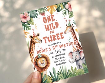 Invitation modifiable d'un sauvage et de trois anniversaires | premier troisième anniversaire | Anniversaire commun dans la jungle | Invitation Animaux de la jungle