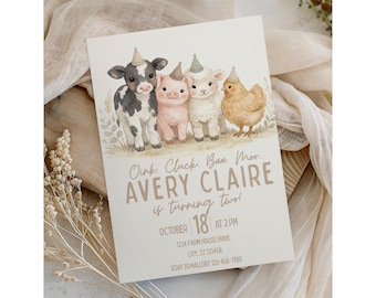Editable Farm Animals Birthday Invitation | Oink Cluck Baa Moo Barnyard 2nd Birthday Party | Cute Animal Invite | Boho Farm Digitalinvite