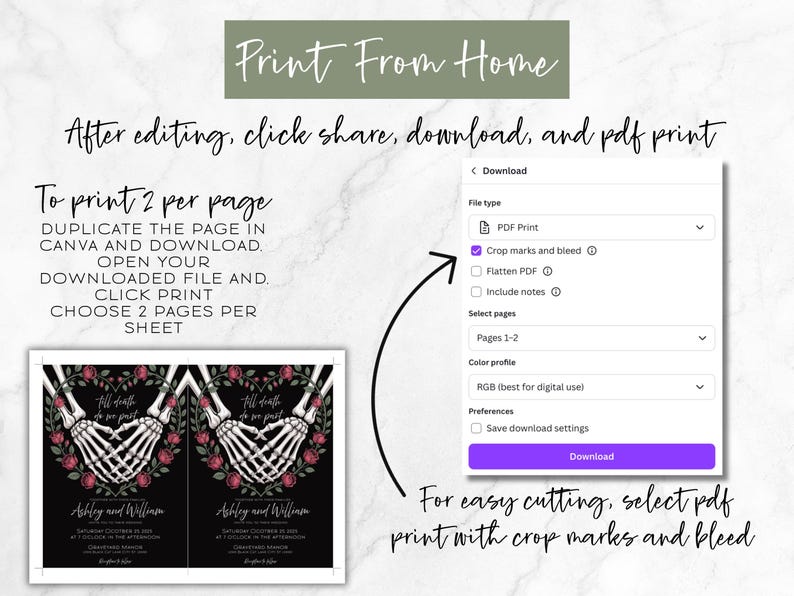 May include: A digital print guide with instructions for printing at home. The image shows a wedding invitation design with skeleton hands and roses. Instructions include selecting PDF print with crop marks and bleed for easy cutting.
