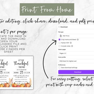 Peut inclure: Mod&egrave;le d'invitation pour un d&icirc;ner de Thanksgiving avec des citrouilles et des feuilles d'automne. Instructions pour imprimer &agrave; domicile, modifier, t&eacute;l&eacute;charger et s&eacute;lectionner l'impression PDF avec rep&egrave;res de coupe. Le texte dit "Let's Be Thankful Together".