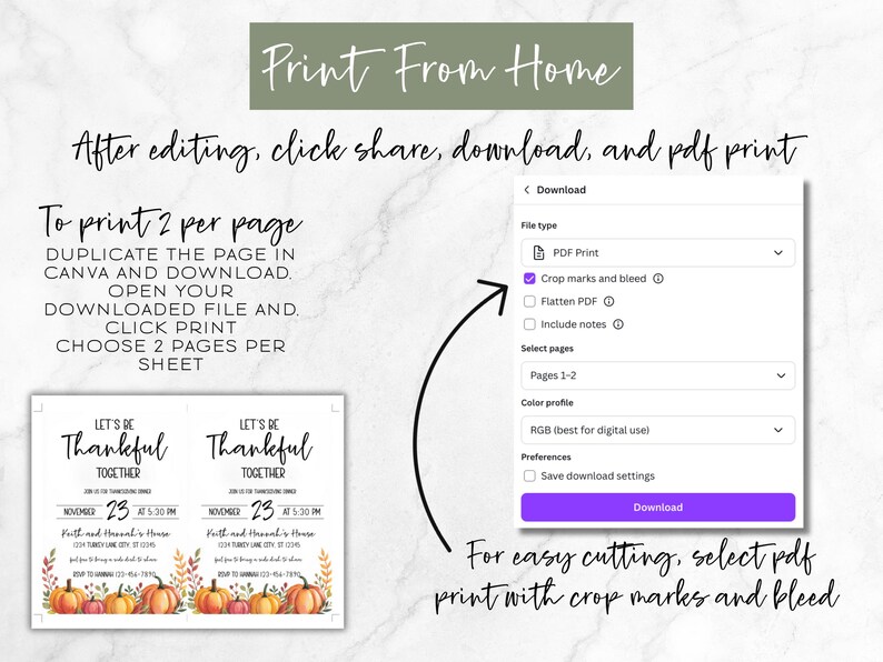 Peut inclure: Mod&egrave;le d'invitation pour un d&icirc;ner de Thanksgiving avec des citrouilles et des feuilles d'automne. Instructions pour imprimer &agrave; domicile, modifier, t&eacute;l&eacute;charger et s&eacute;lectionner l'impression PDF avec rep&egrave;res de coupe. Le texte dit "Let's Be Thankful Together".