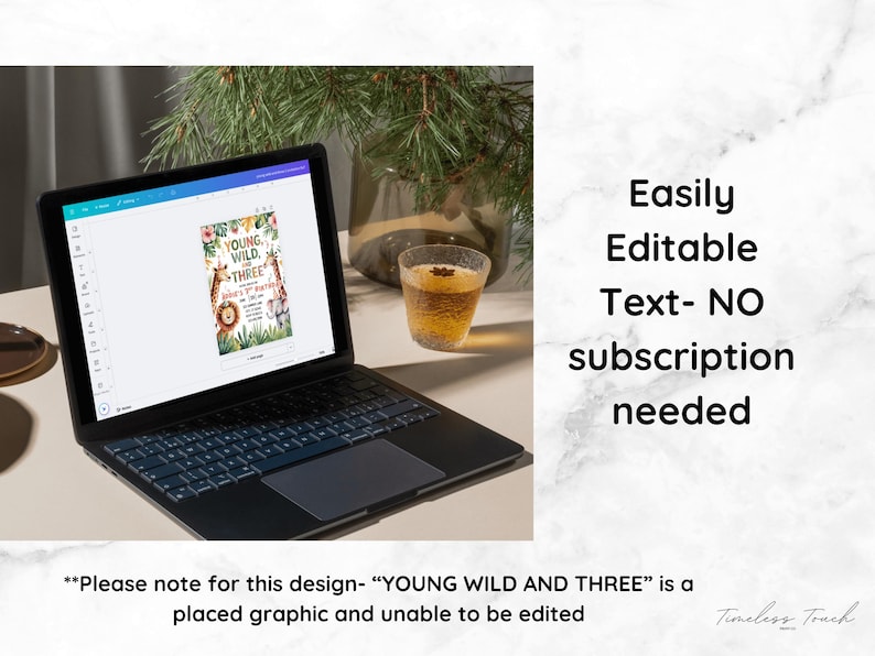 May include: A laptop displays a colorful invitation design with the text "Young, Wild, and Three" and animal illustrations. The invitation is for a third birthday party. The text "Easily Editable Text - NO subscription needed" is also visible.