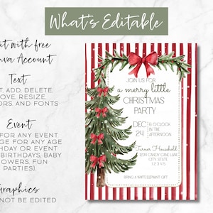 Puede incluir: Invitaci&oacute;n a una fiesta de Navidad con un &aacute;rbol de Navidad en acuarela y detalles de lazos rojos. La invitaci&oacute;n presenta el texto "Join us for a merry little Christmas party" y los detalles del evento. El fondo tiene rayas rojas y blancas.
