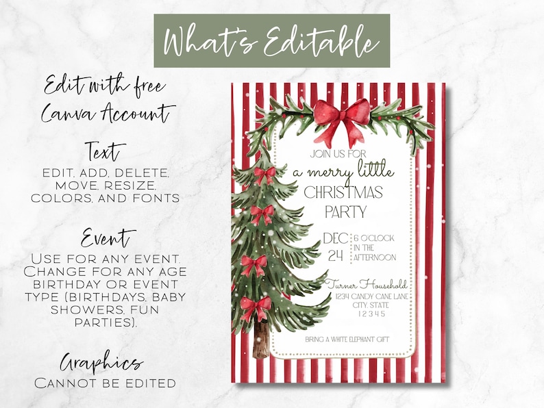 Puede incluir: Invitaci&oacute;n a una fiesta de Navidad con un &aacute;rbol de Navidad en acuarela y detalles de lazos rojos. La invitaci&oacute;n presenta el texto "Join us for a merry little Christmas party" y los detalles del evento. El fondo tiene rayas rojas y blancas.