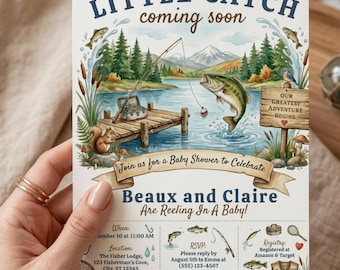 Coed Little Fisherman Baby Shower Invitation, Fishing Baby Shower Invite, Gone Fishing Shower, Rustic Boy Baby Shower