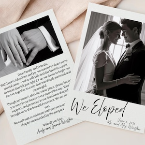 May include: Two black and white wedding announcement cards. One card features a photo of hands with wedding rings, and text. The other card has a photo of a bride and groom. The text reads "We Eloped" and the date.