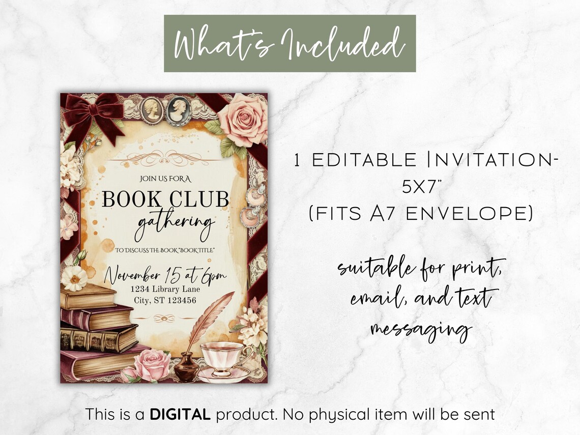 Editable Book Club Invitation | Cozy Girl Book Club | Library ...