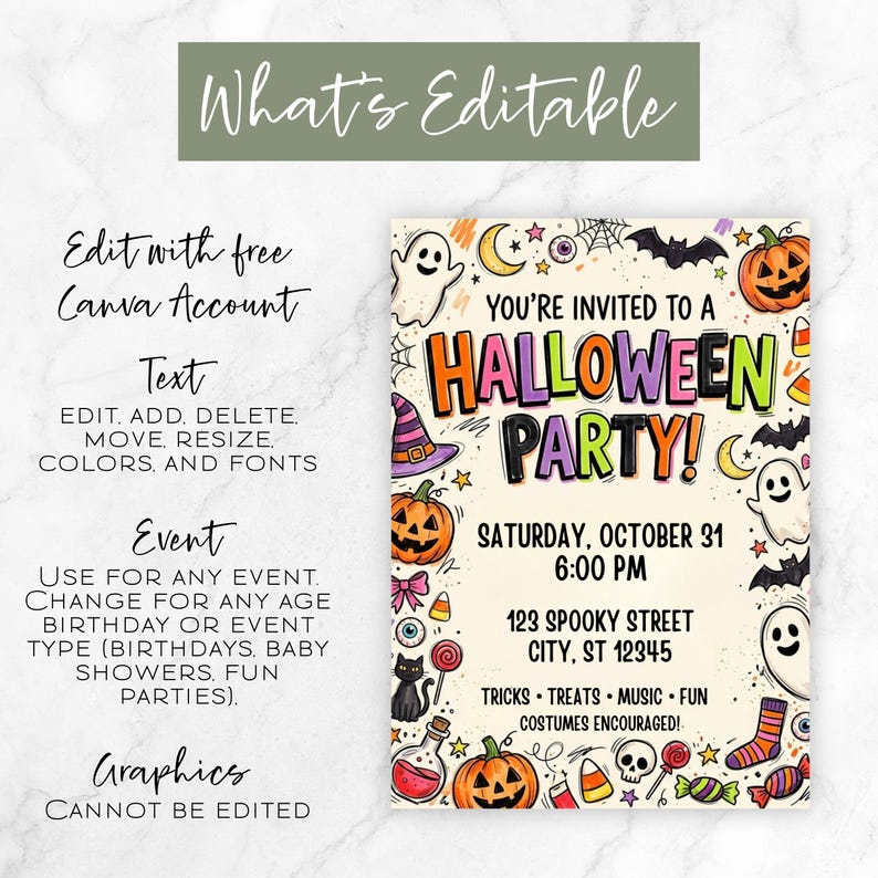 May include: A digital Halloween party invitation template featuring colorful illustrations of pumpkins, ghosts, bats, and candy. The text reads: You're invited to a Halloween party, Saturday, October 31, 6:00 PM, 123 Spooky Street, City, ST 12345, Tricks, Treats, Music, Fun, Costumes encouraged.