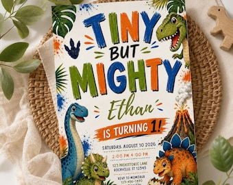 Tiny But Mighty Dinosaur Birthday Invitation Template, Watercolor Dino Birthday Invite, First Birthday Boy, Editable Jurassic Party Invite