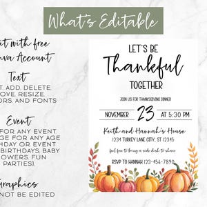Peut inclure: Invitation de Thanksgiving avec le texte &laquo;&nbsp;Soyons reconnaissants ensemble&nbsp;&raquo;. L'invitation comprend la date, l'heure et le lieu d'un d&icirc;ner de Thanksgiving. La conception pr&eacute;sente des citrouilles et du feuillage d'automne. Le texte est modifiable avec un compte Canva.