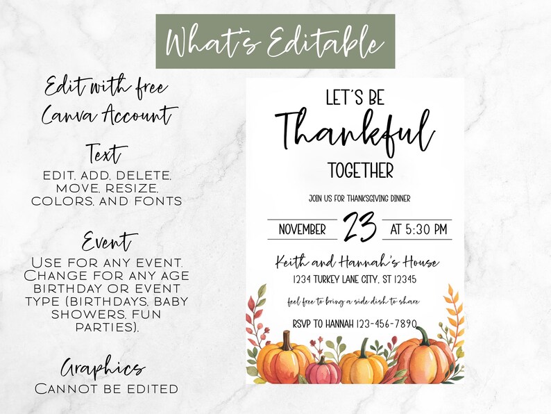 Peut inclure: Invitation de Thanksgiving avec le texte &laquo;&nbsp;Soyons reconnaissants ensemble&nbsp;&raquo;. L'invitation comprend la date, l'heure et le lieu d'un d&icirc;ner de Thanksgiving. La conception pr&eacute;sente des citrouilles et du feuillage d'automne. Le texte est modifiable avec un compte Canva.