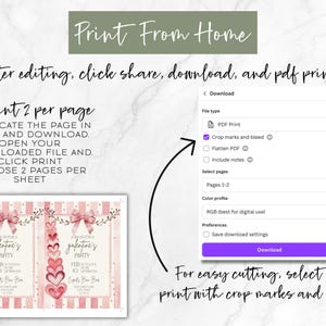 May include: A digital print guide with instructions for printing at home. The image includes a Valentine's Day party invitation design, a download menu, and text instructions. The invitation features pink hearts and bows.