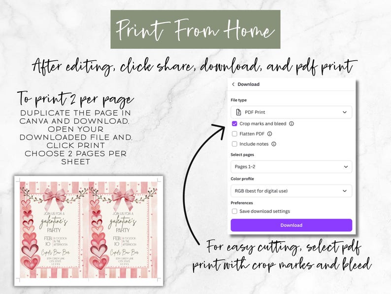 May include: A digital print guide with instructions for printing at home. The image includes a Valentine's Day party invitation design, a download menu, and text instructions. The invitation features pink hearts and bows.