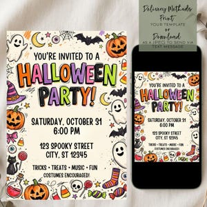 May include: A Halloween party invitation card featuring colorful text and illustrations of ghosts, pumpkins, bats, candy, and a black cat. The text reads: You're invited to a Halloween party, Saturday, October 31, 6:00 PM, 123 Spooky Street, City, ST 12345, Tricks, Treats, Music, Fun, Costumes Encouraged.