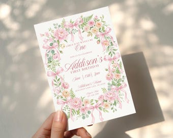 Girls Wanna Be One Invite, Pink Bow Invitation, Bow First Birthday, Coquette Birthday, Pink Ribbon Invite, Elegant Pink Bow Birthday Invite