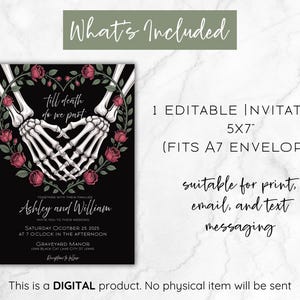 May include: Black wedding invitation with skeleton hands forming a heart shape, surrounded by red roses. The text reads "till death do we part" and includes event details. The invitation is 5x7 inches and suitable for print, email, and text messaging.