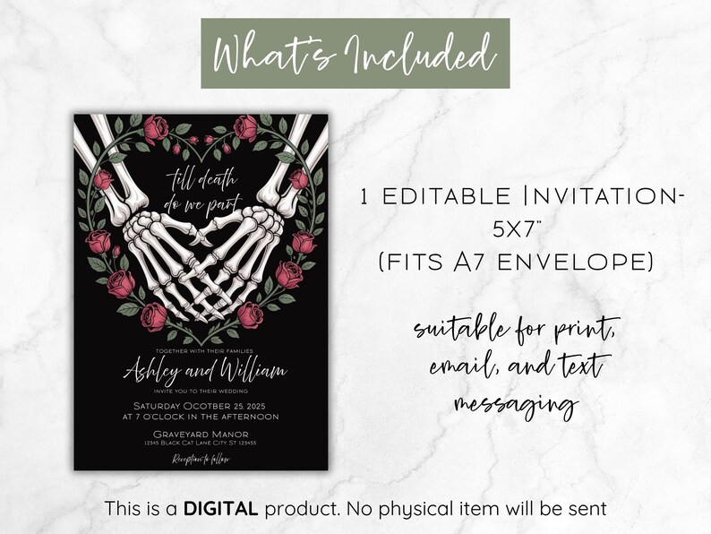 May include: Black wedding invitation with skeleton hands forming a heart shape, surrounded by red roses. The text reads "till death do we part" and includes event details. The invitation is 5x7 inches and suitable for print, email, and text messaging.