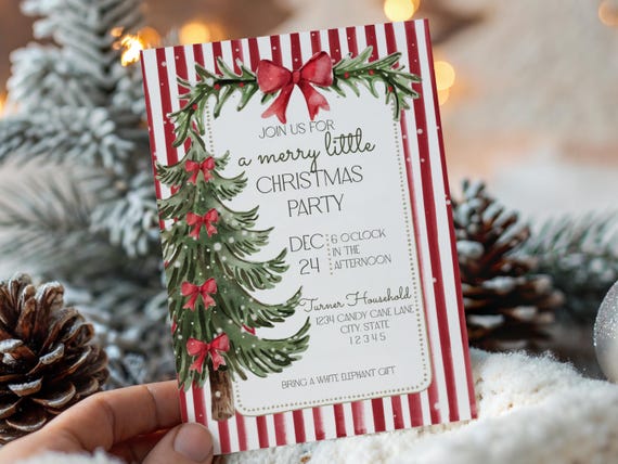 Editable Red Bow Holiday Gathering Invitation | Red Ribbon Company, Festive Office Party, Work Party, Friendsmas Printable Holiday Invite